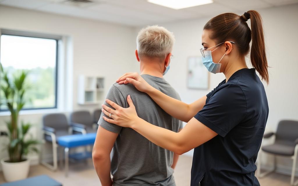 Patient performing a guided exercise during a physical therapy session