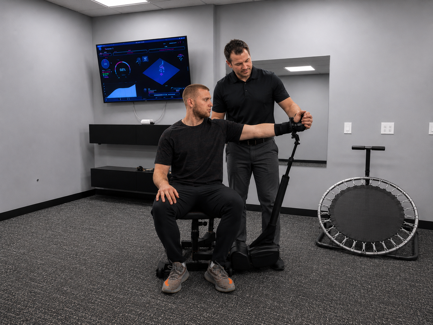 Doctor of Physical Therapy performing a dynamic shoulder strength assessment with the Humero Tech C1