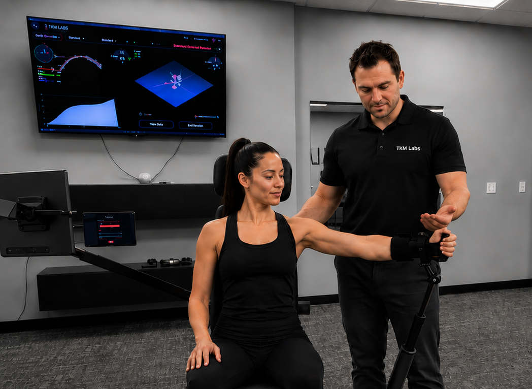 Physical therapist guiding patient through shoulder rehabilitation